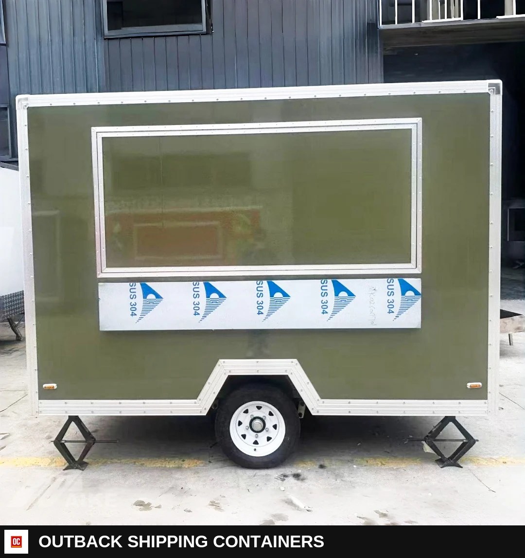 Olive Green Compact Food Trailer with Serving Window for Coffee — Interior Kitchen Layout | Outback Shipping Containers Olive Green Compact Food Trailer with Serving Window for Coffee for sale — interior kitchen layout
