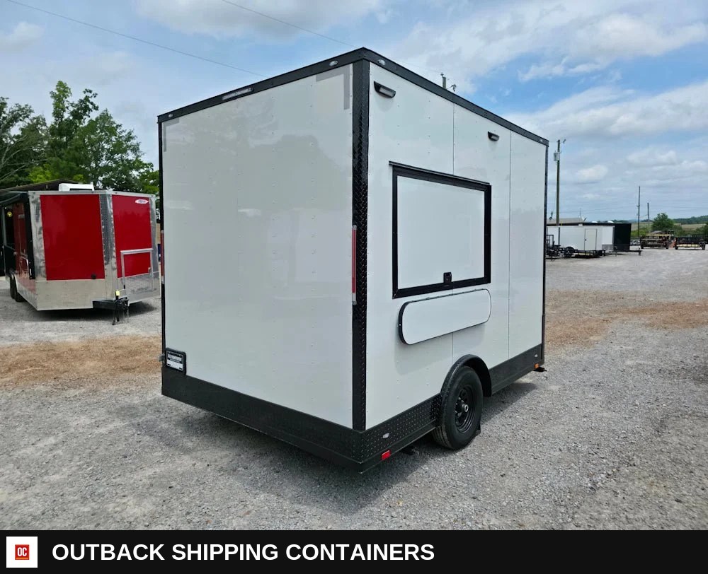 8.5 x 12 White Flat Front Concession Trailer — Blackout Trim, 8-Foot Interior — Interior Kitchen Layout | Outback Shipping Containers 8.5 x 12 White Flat Front Concession Trailer — Blackout Trim, 8-Foot Interior for sale — interior kitchen layout