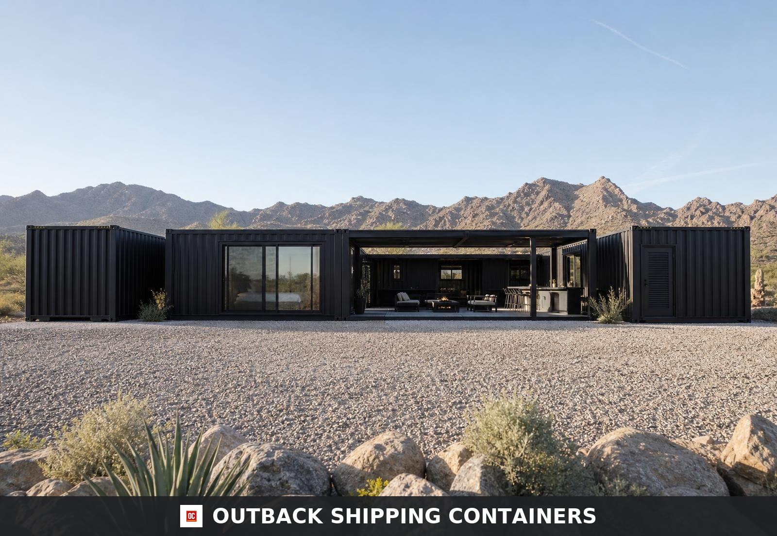 Rear south elevation of the ten-module container wellness villa with private terraces off the bedroom modules