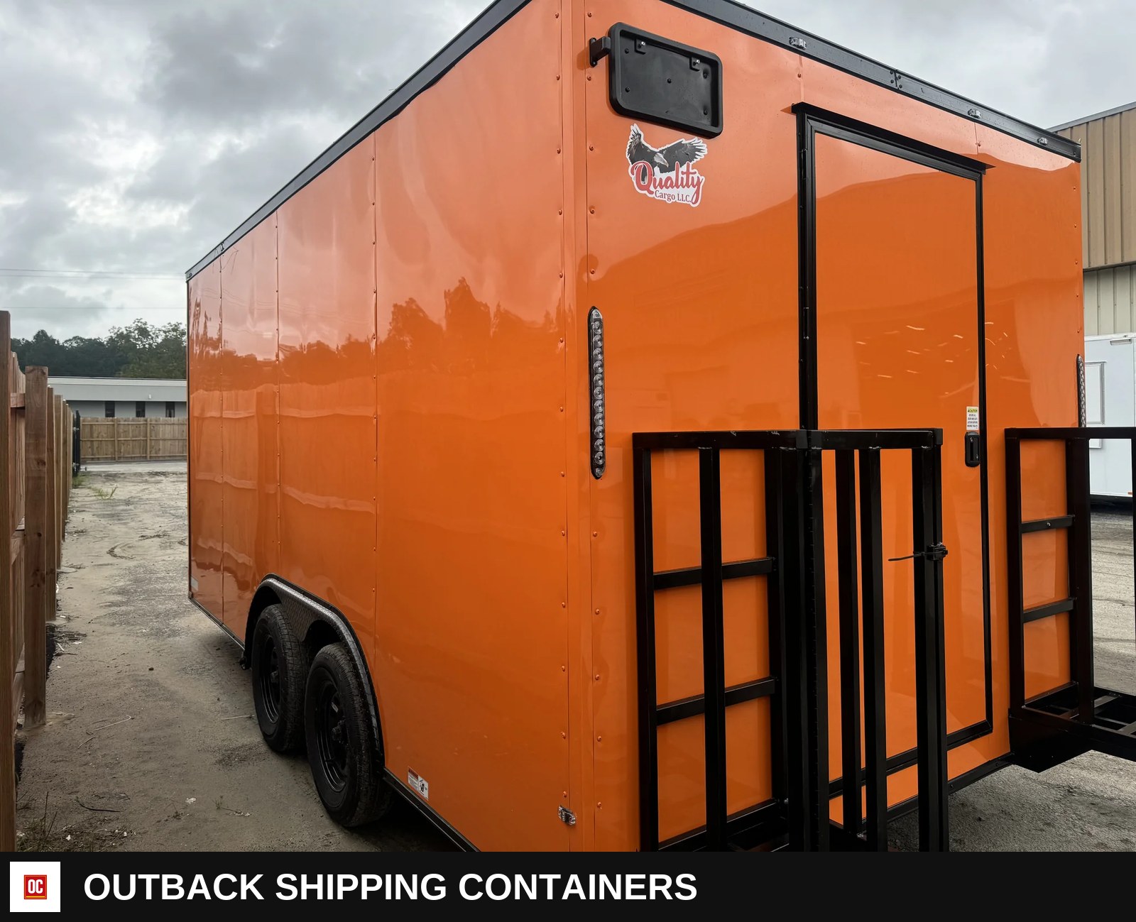8.5x16 Quality Concession Trailer Orange Blackout Package — Three-Quarter Front Angle | Outback Shipping Containers 8.5x16 Quality Concession Trailer Orange Blackout Package for sale — three-quarter front angle