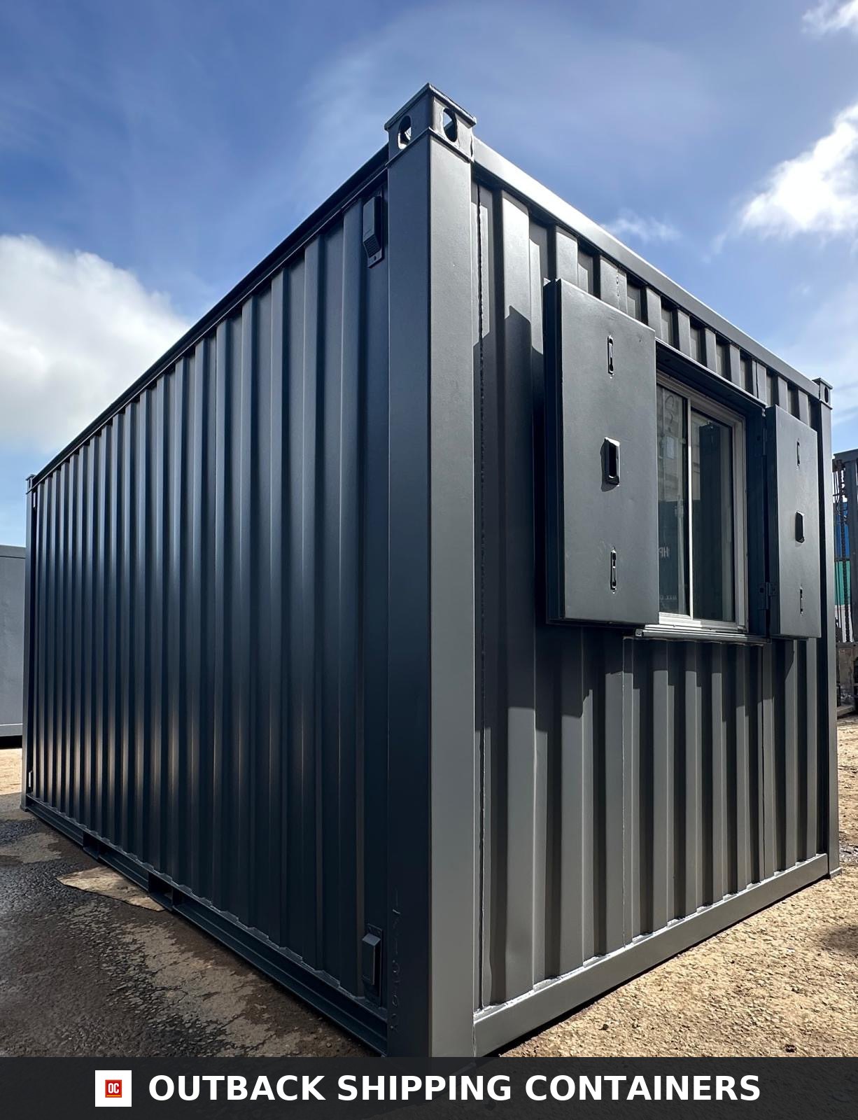 16x9 ft 16x9FT for Sale — Roof and Structural Detail | Outback Shipping Containers Refurbished 16 foot dark grey anti-vandal portable building with steel window shutters and corrugated metal walls