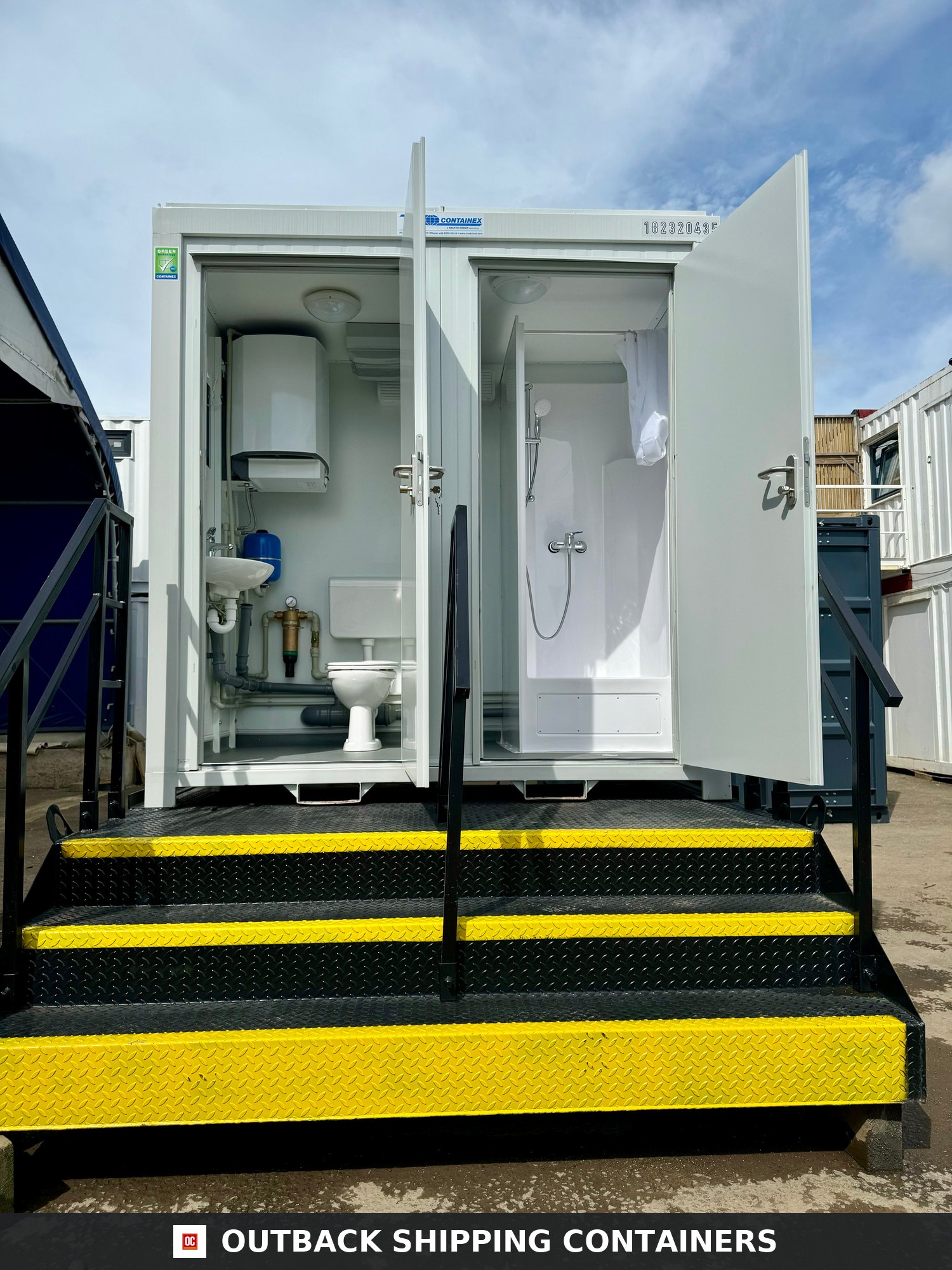 NEW Toilet & Shower Block + Waste Tank Bundle — Side Profile View | Outback Shipping Containers NEW Toilet & Shower Block + Waste Tank Bundle — 8 x 5 ft Portable — Grey — No 855 — primary exterior image 1 of 7