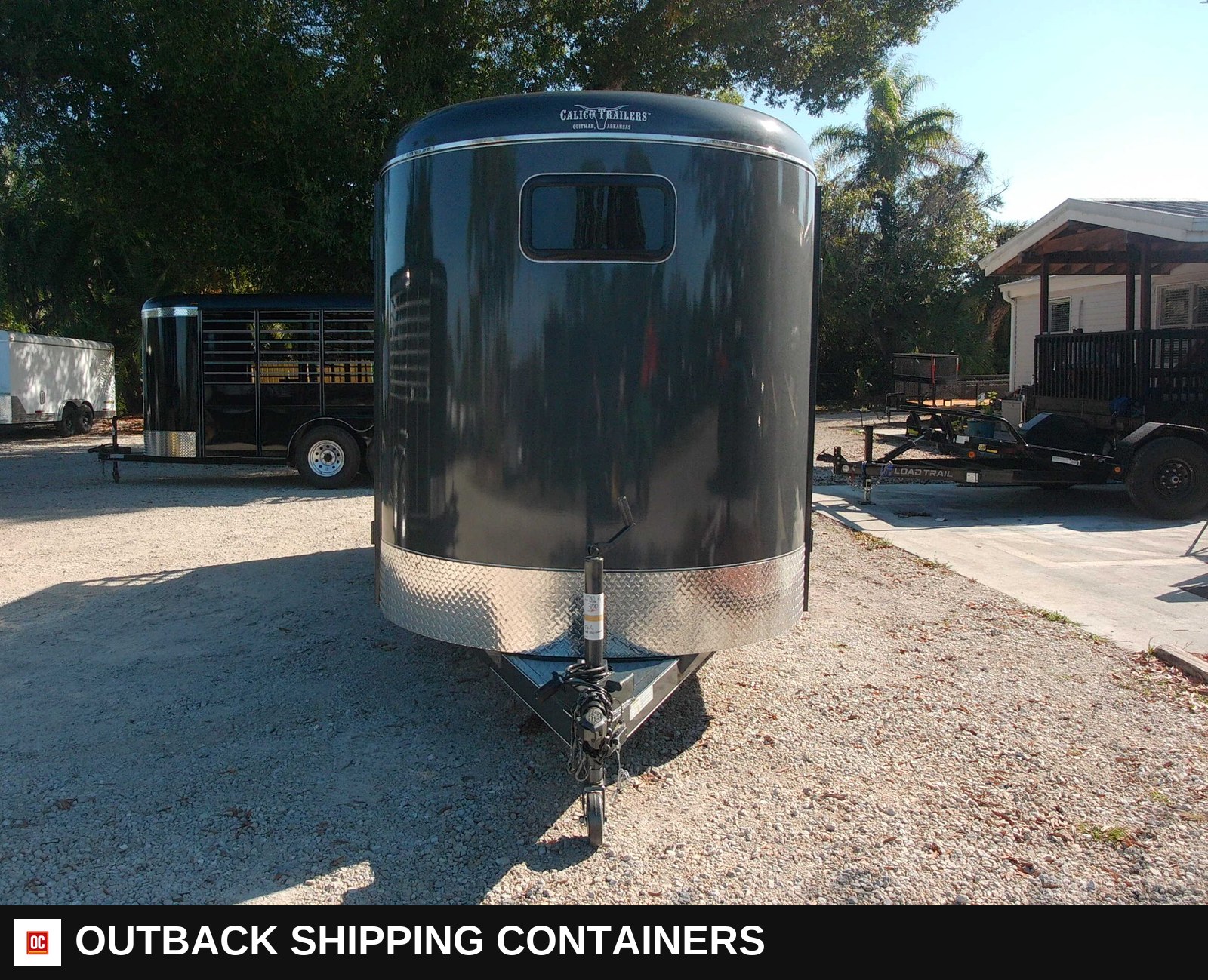 New 2026 Calico 6 x 16 Three Horse Trailer 7k GVWR — Three-Quarter Front Angle | Outback Shipping Containers New 2026 Calico 6 x 16 Three Horse Trailer 7k GVWR for sale — three-quarter front angle