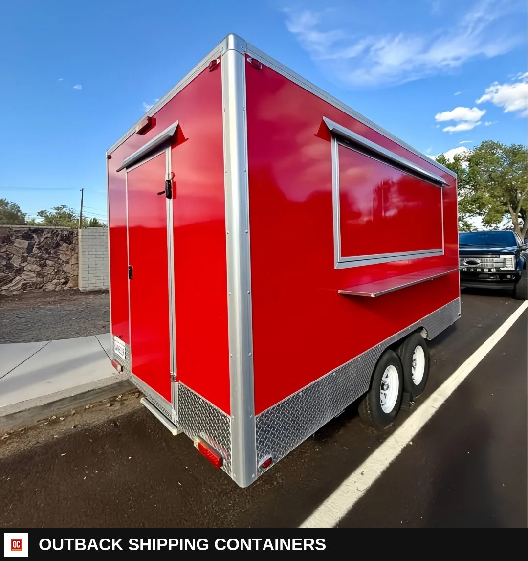 Bright Red Square Food Trailer - High Visibility Mobile Kitchen (Dual Axle) — Rear Entry Door | Outback Shipping Containers Bright Red Square Food Trailer - High Visibility Mobile Kitchen (Dual Axle) for sale — rear entry door
