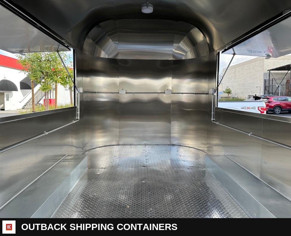 Mobile Food Cart Trailer open on both sides FT38 — Serving Window And Hatch | Outback Shipping Containers Mobile Food Cart Trailer open on both sides FT38 for sale — serving window and hatch
