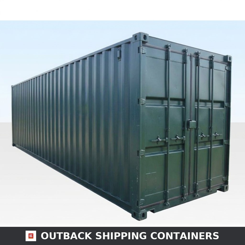 30Ft X 8Ft Shipping Container One Trip — Three-Quarter Angle View | Outback Shipping Containers Green 30ft one trip shipping container with open double cargo doors showing secure locking bars