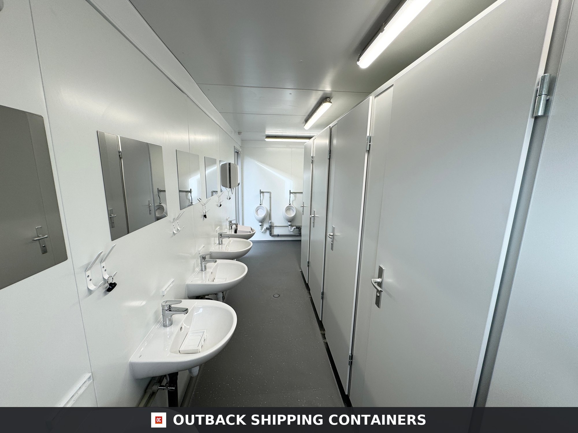 Toilet Block for Sale — Interior Detail | Outback Shipping Containers Toilet Block — 5 WC / 5 Basins / 4 Urinals — 20 x 8 ft NEW Portable — Grey — No 797 — product gallery image 6 of 19