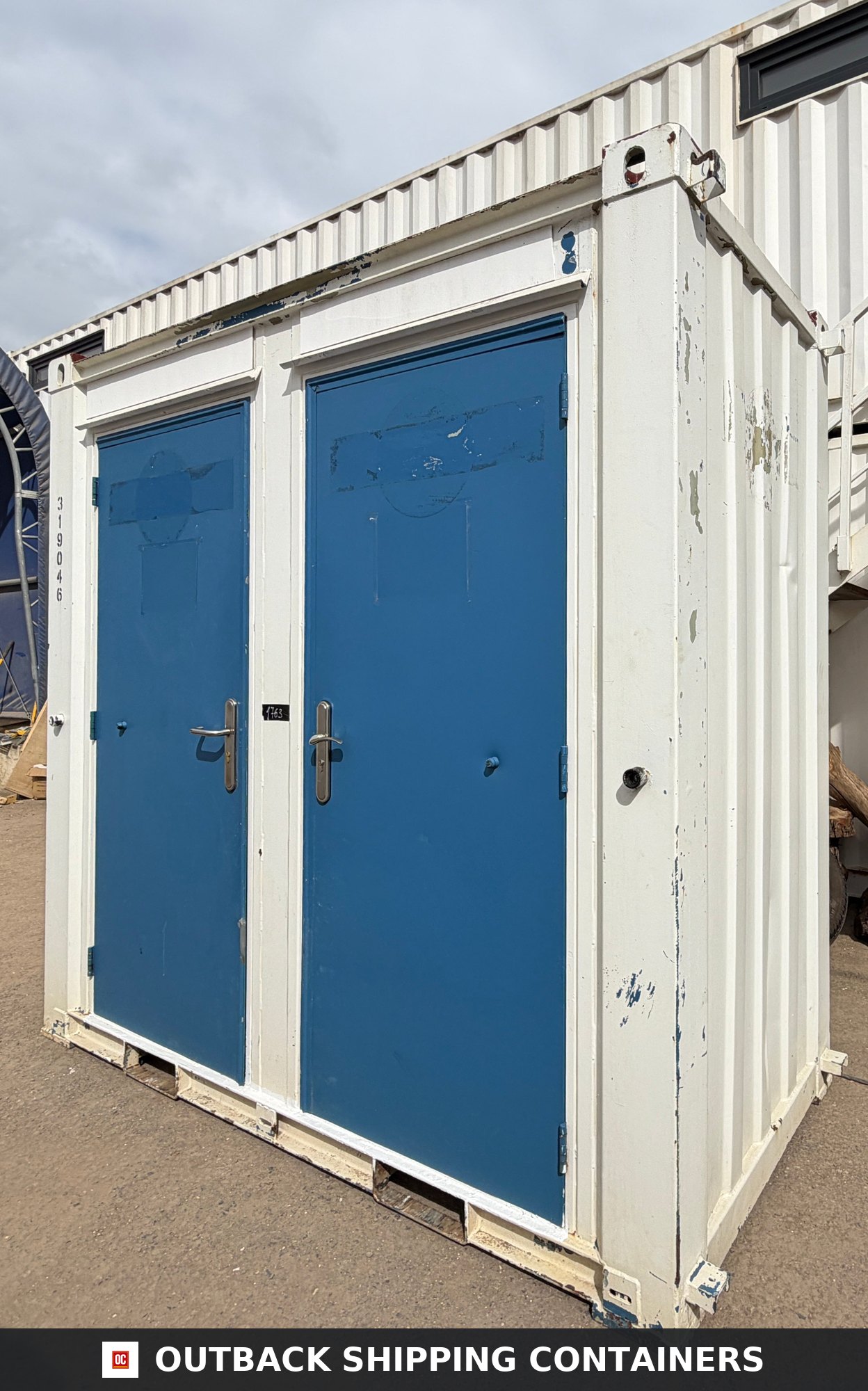 Double Toilet Block for Sale — Door and Entry Detail | Outback Shipping Containers 2 3 Double Toilet Block — Male & Female WC — 8x5 Ft — Unrefurbished Portable Toilet Block — 1+1 Toilet Block — Blue/White - image 7