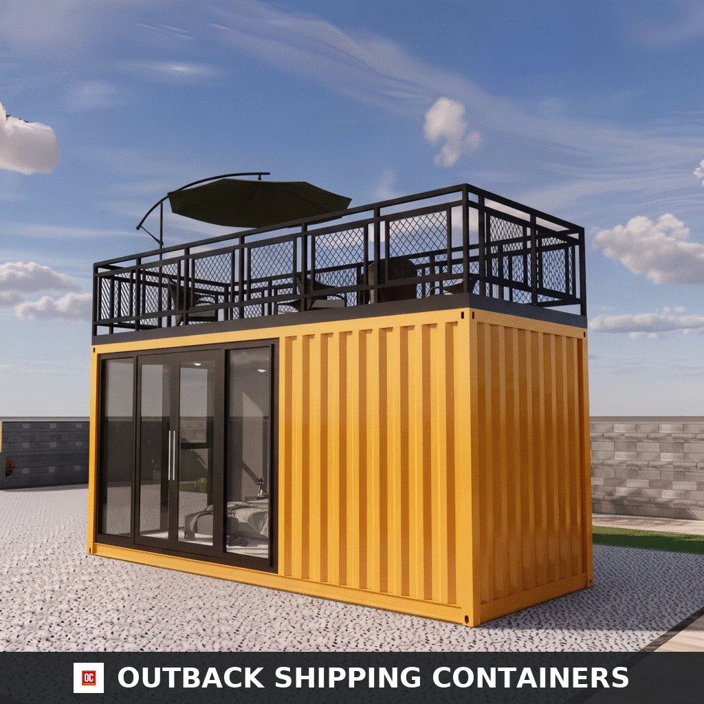 Rear three-quarter view showing yellow corrugated container walls and black rooftop railing