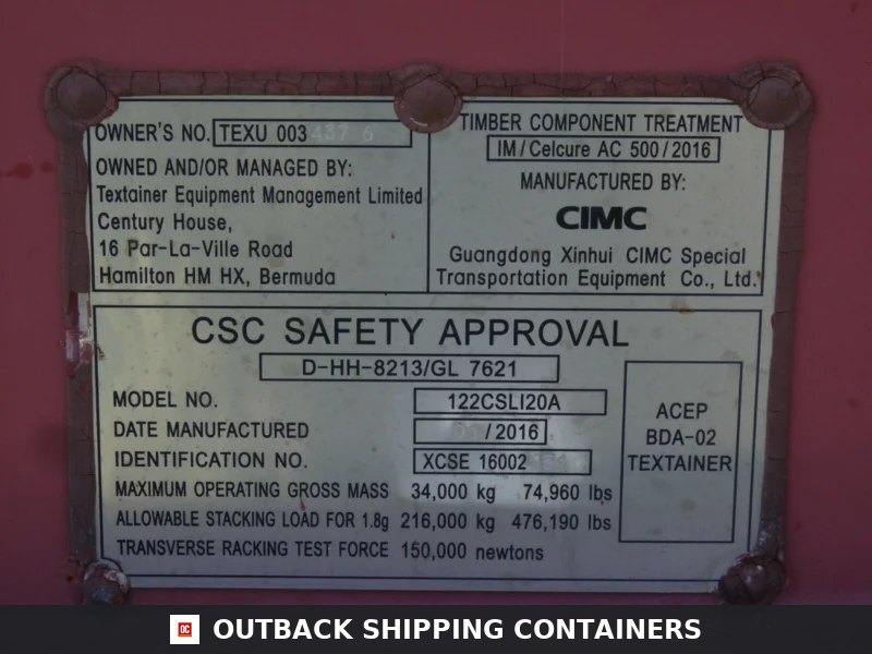 Close-up view of a metal CSC Safety Approval plate on a red 20ft flat rack shipping container with manufacturing data