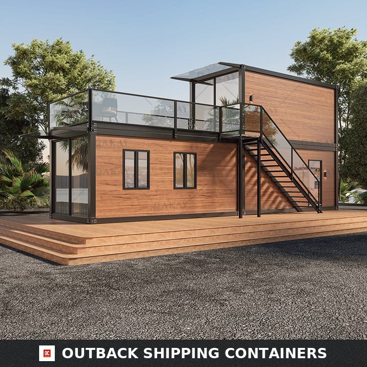 1BHK Duplex Container Home with Rooftop Deck – Fully Furnished 2-Story Prefab Tiny House, Modular Kitchen & Bathroom Front exterior view of the 1BHK duplex container home with cedar-look cladding and rooftop deck stairs