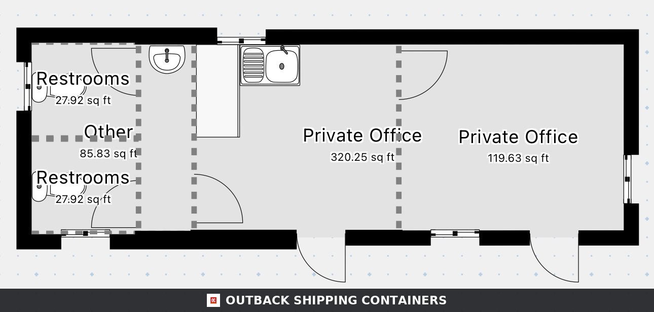 CUSTOM for Sale — Interior View | Outback Shipping Containers CUSTOM — 32 x 10 ft Cabin — Office + Canteen + 1+1 WC/Wash Rooms — Anti-Vandal — No 1105 — product gallery image 4 of 22