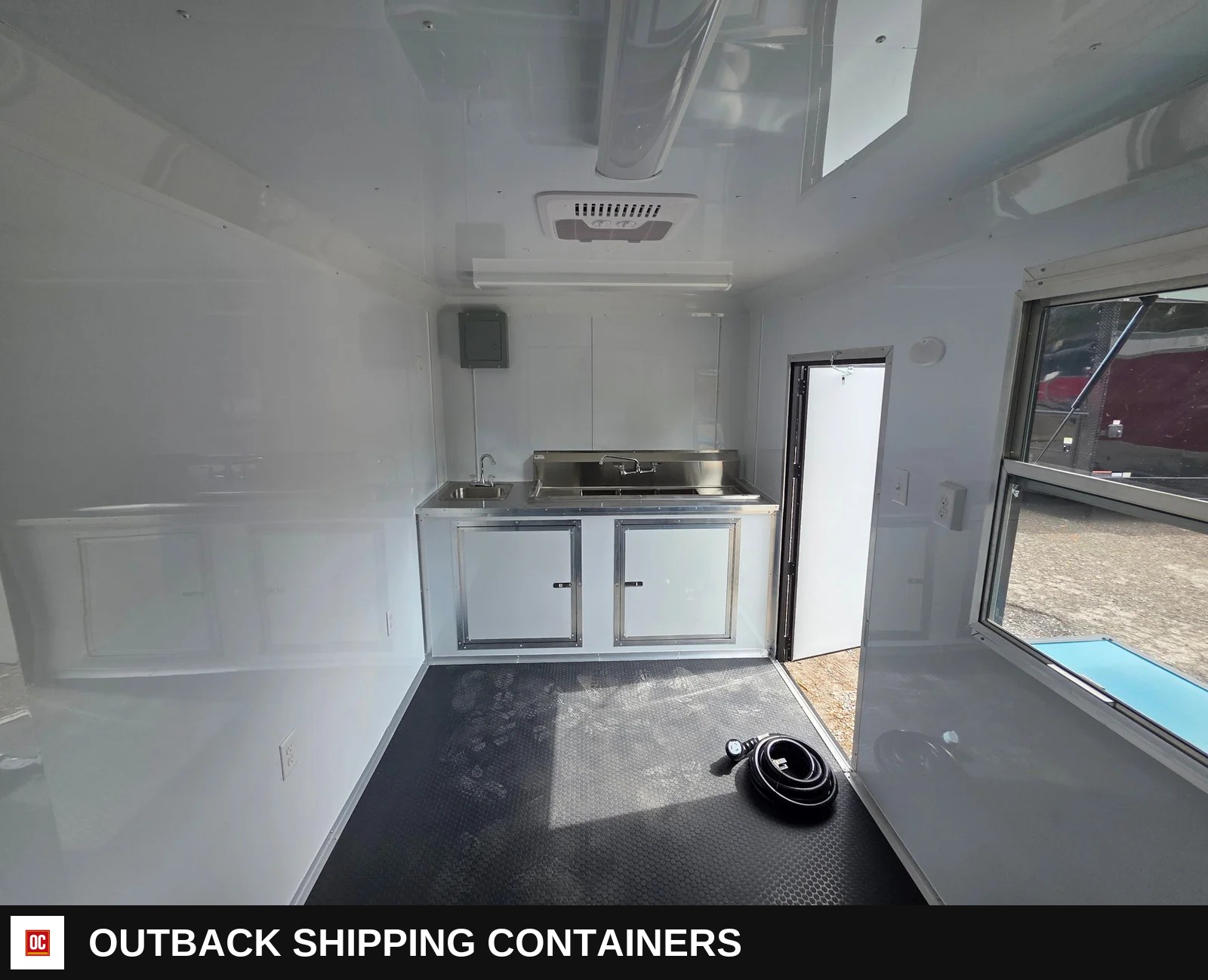 7 x 12 Water Blue Flat Front Concession Catering Trailer — Stainless Prep And Counter Area | Outback Shipping Containers 7 x 12 Water Blue Flat Front Concession Catering Trailer for sale — stainless prep and counter area