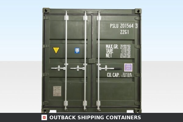 End view of a green 20ft tunnel container showing closed double doors with locking bars and white specifications print