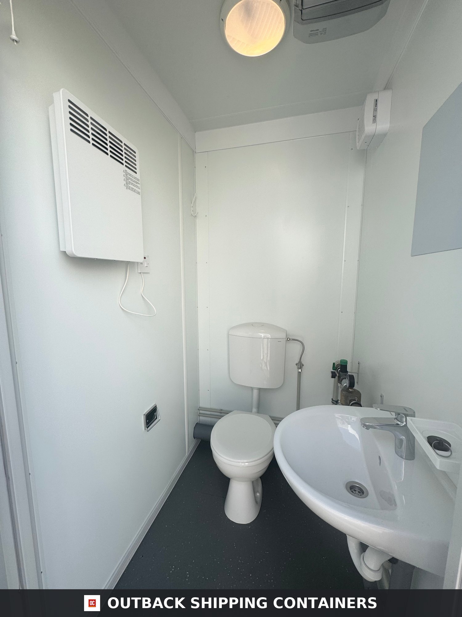 4 Bay Toilet Block for Sale — Interior View | Outback Shipping Containers 4 Bay Toilet Block — 4 WCs — 10 x 8 ft NEW Portable — 4 Toilets, 4 Basins — Grey — No 795 — product gallery image 5 of 14