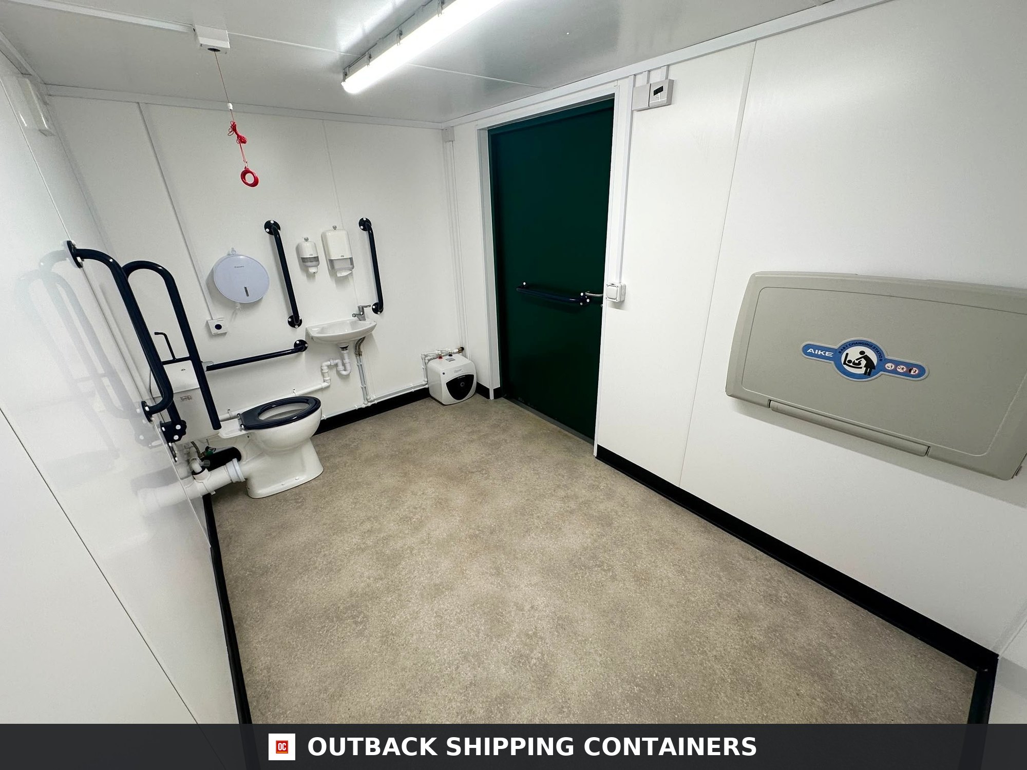 CUSTOM for Sale — Three-Quarter Angle View | Outback Shipping Containers CUSTOM — Disabled Access Toilet Block — DDA Compliant — Baby Change — 12x8ft Portable — No 1594 — product gallery image 2 of 13