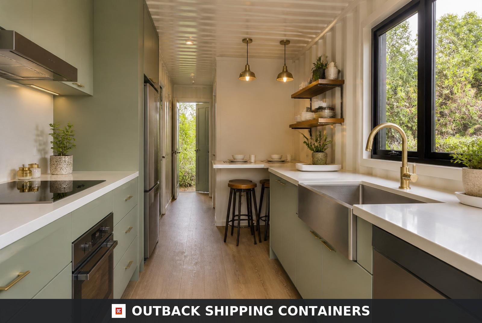 Trinity U-shape container home — modern galley kitchen with sage-green cabinets, quartz counters and brass fixtures