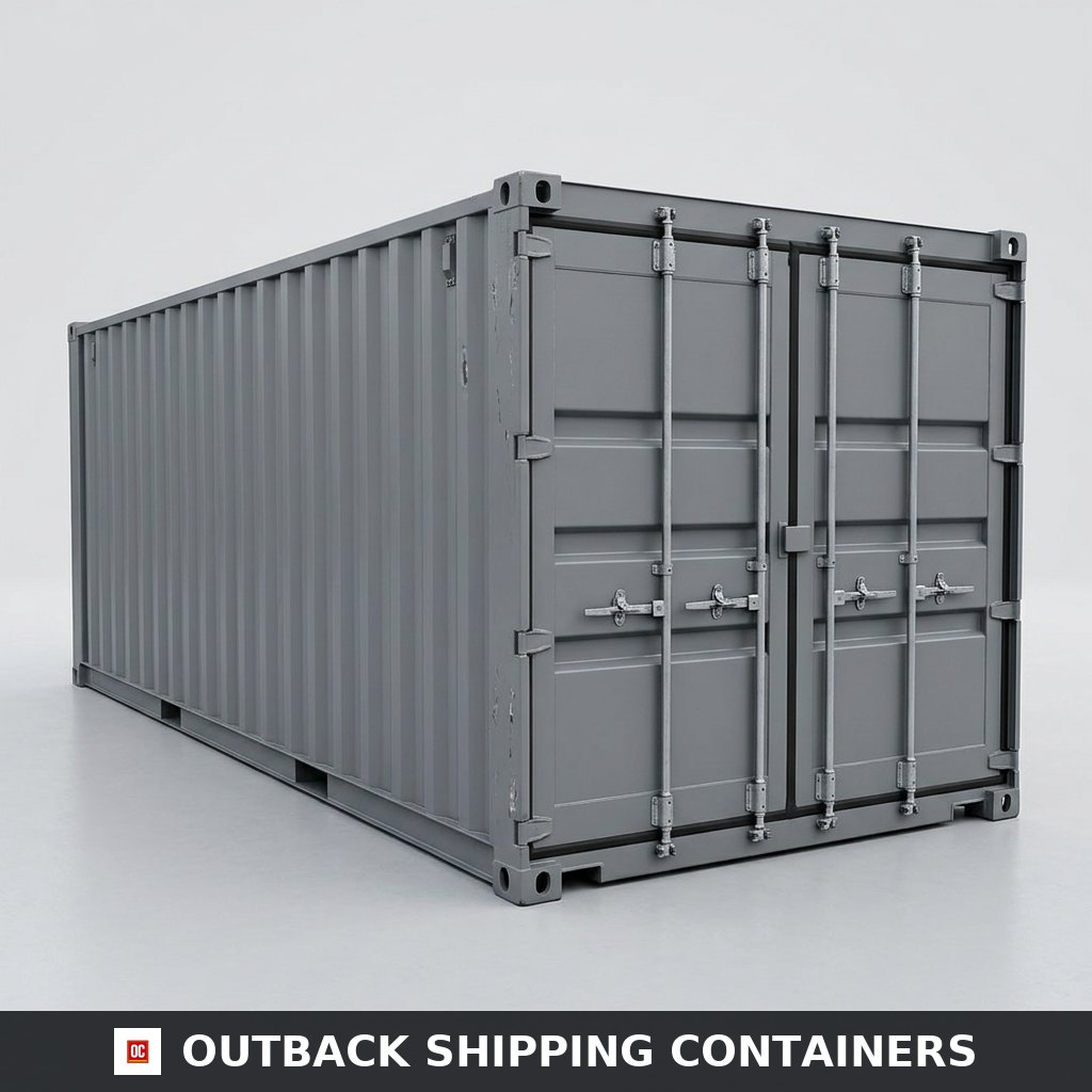 Interior view of a 20ft bunded storage container with open doors showing tiered metal shelving and raised spill lip