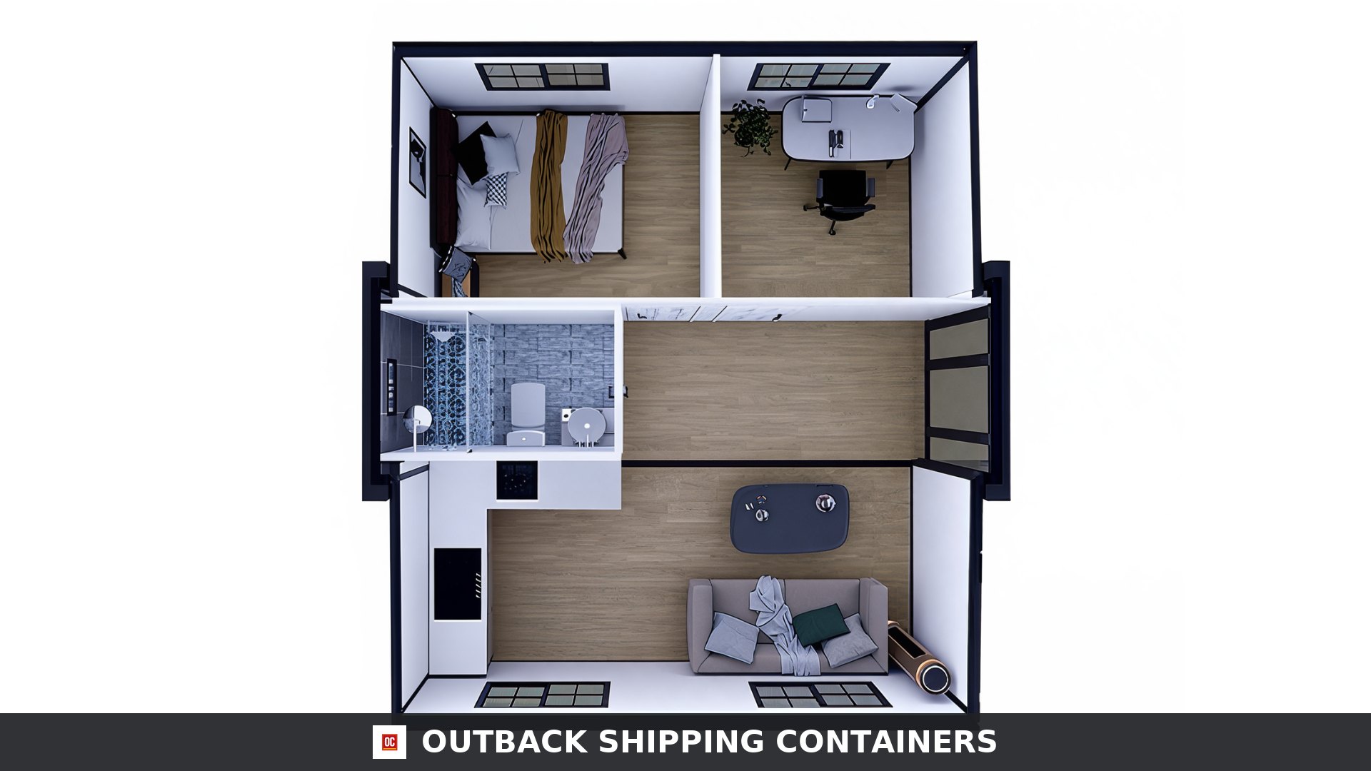 20FT Expandable 2 Bedroom Container Home for Sale — 2 Bedroom Floor Plan Layout Drawing | Outback Shipping Containers 20ft expandable 2 bedroom container home 385 sq ft — 2 bedroom floor plan layout drawing
