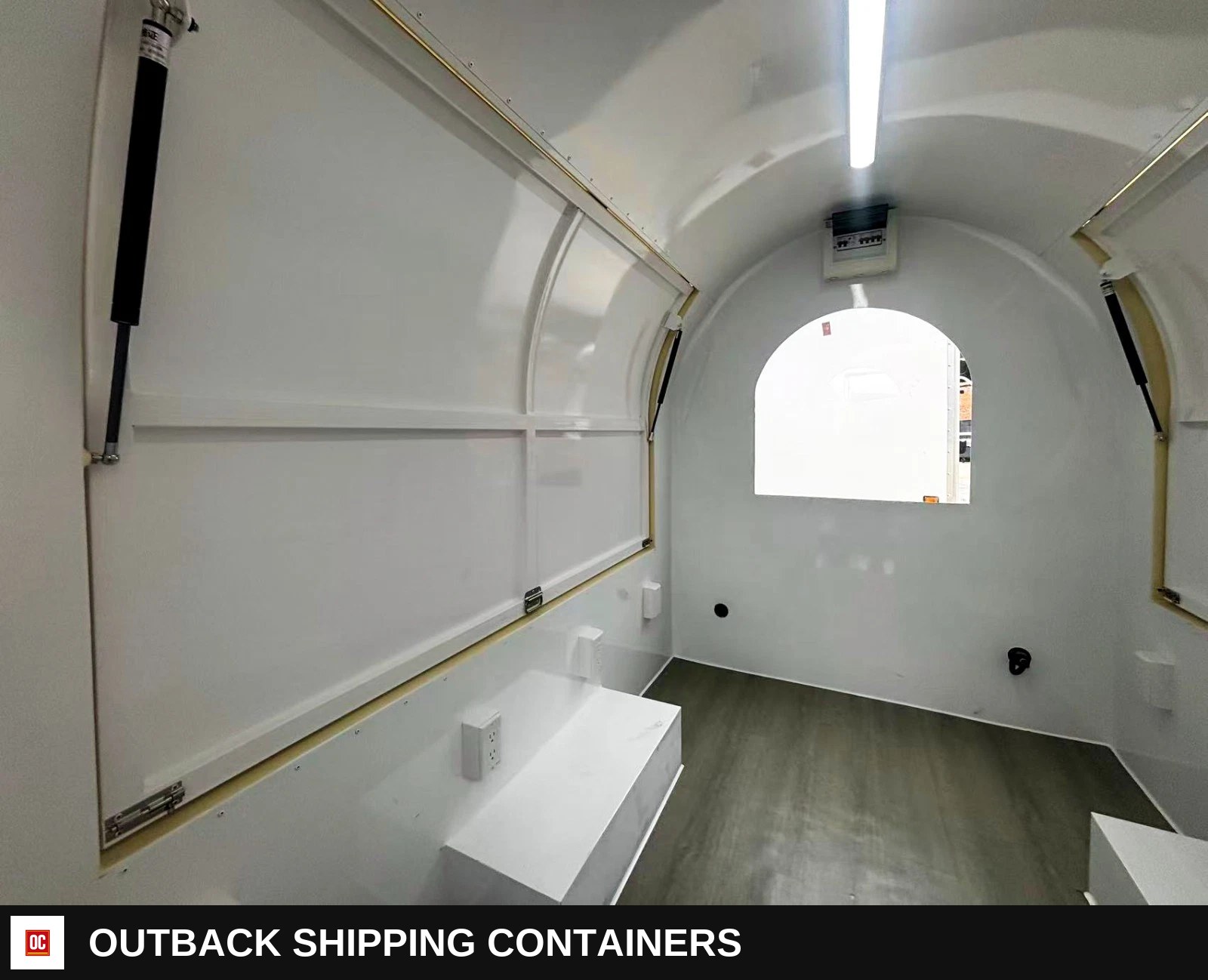 Mobile Catering Food Trailer Single Axle Dual Hatch Coffee Street Food — Three-Quarter Front Angle | Outback Shipping Containers Mobile Catering Food Trailer Single Axle Dual Hatch Coffee Street Food for sale — three-quarter front angle