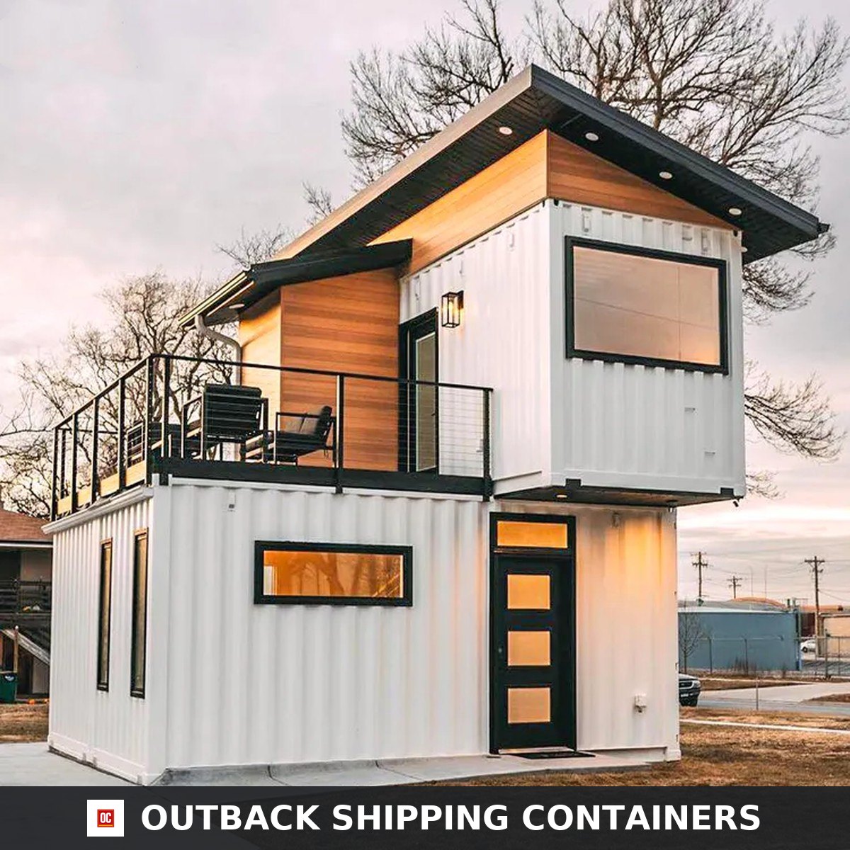 Duplex 3BHK Prefabricated Tiny House – Fully Furnished, Rooftop Deck, Portable Container House for Family Exterior of the Duplex 3BHK container home with white corrugated steel, cedar-clad upper module and rooftop deck with black steel railing