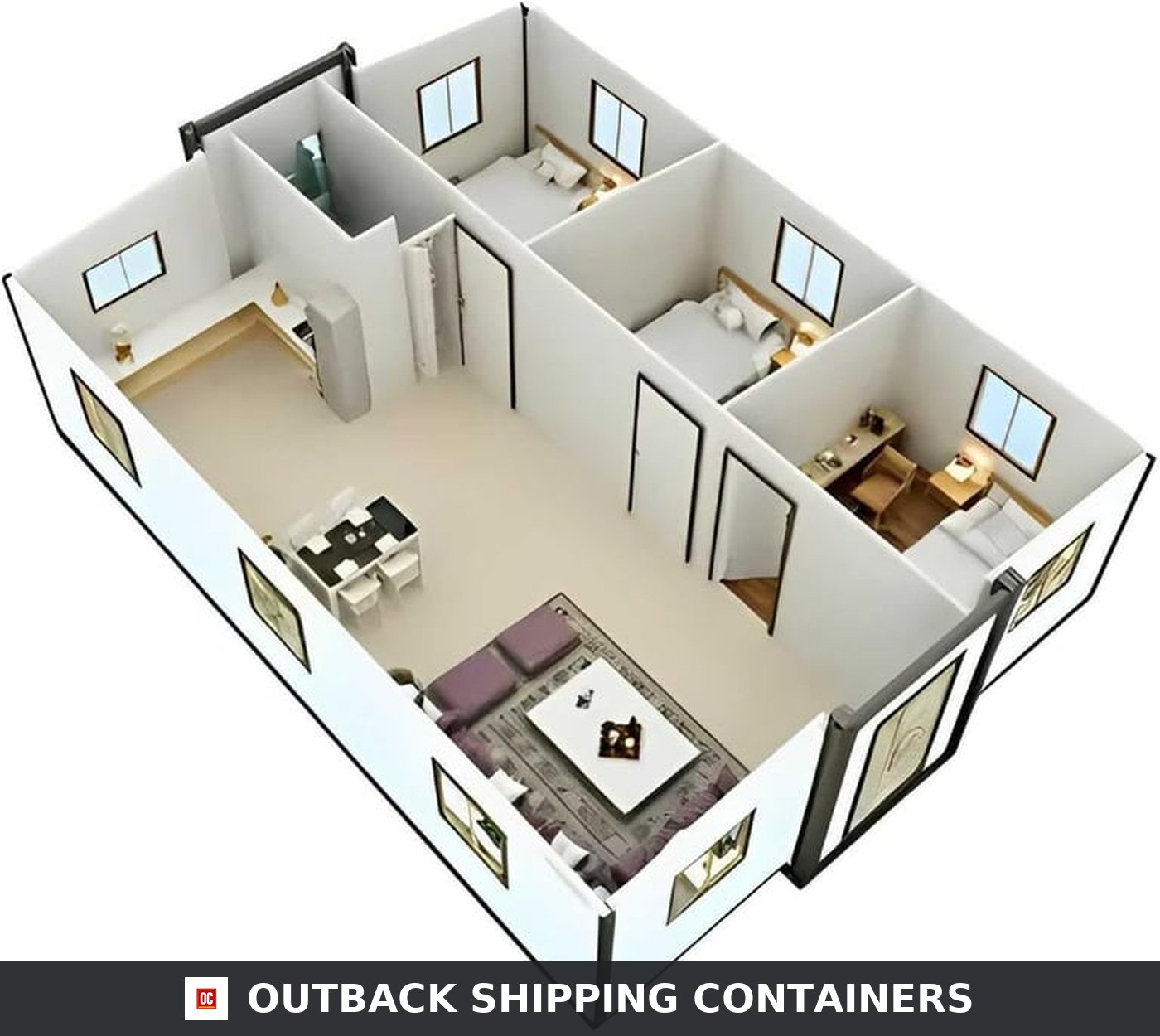 40ft Luxury 3 Bedroom Foldable Container Home for Sale — 3D Floor Plan — 3 Bedrooms | Outback Shipping Containers 3D cutaway floor plan of the 40ft foldable container home showing three bedrooms, living room, dining area, kitchen and bathroom