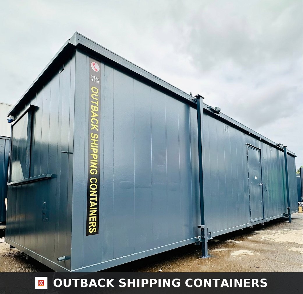 32 x 10 ft Anti-Vandal Cabin for Sale — Side Profile View | Outback Shipping Containers 32 x 10 ft Anti-Vandal Cabin — 2+1 Toilet + Twin Shower Room — Changing Room — 50/50 Split — No 1077 — primary exterior image 1 of 18