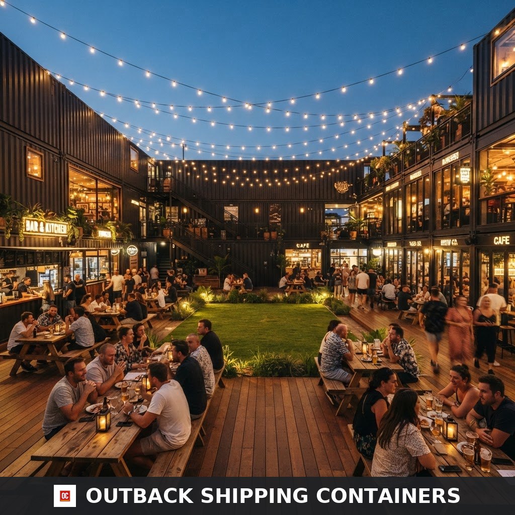 Interior courtyard view of Stockbridge Container Park at daytime with retail suites and F&B