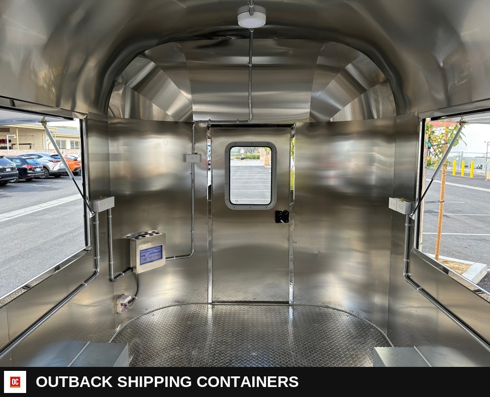 Mobile Food Cart Trailer open on both sides FT38 — Interior Kitchen Layout | Outback Shipping Containers Mobile Food Cart Trailer open on both sides FT38 for sale — interior kitchen layout