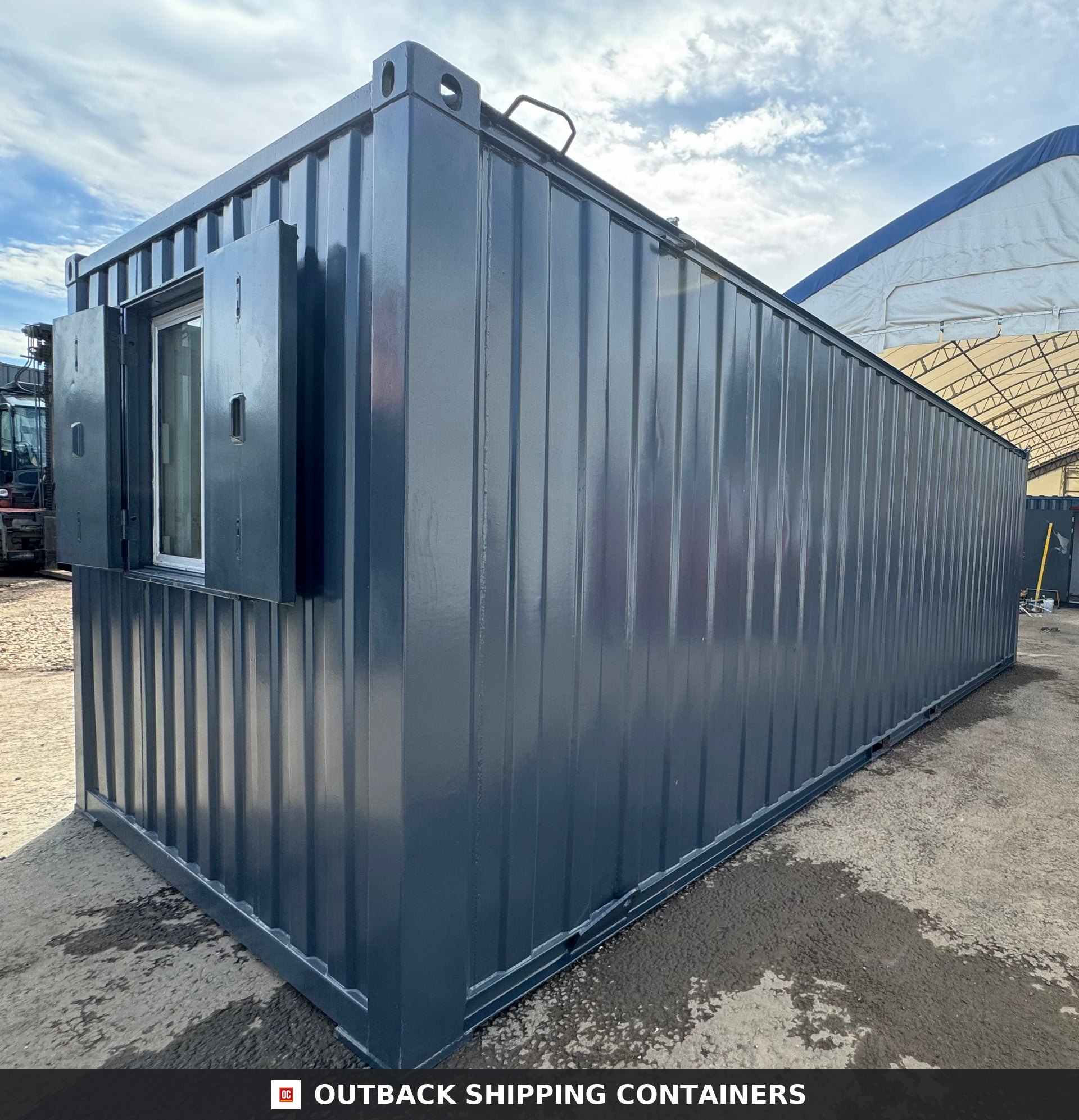 24x9 ft 24x9FT for Sale — Corner Casting and Frame Detail | Outback Shipping Containers Grey anti-vandal portable office cabin with steel shutters over a side window and corrugated metal walls