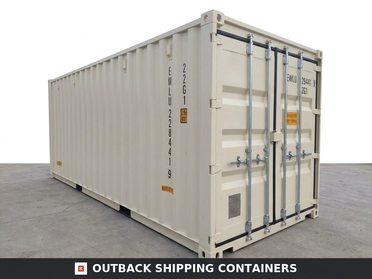 Beige 20ft one-trip shipping container with three front doors positioned on a paved depot lot