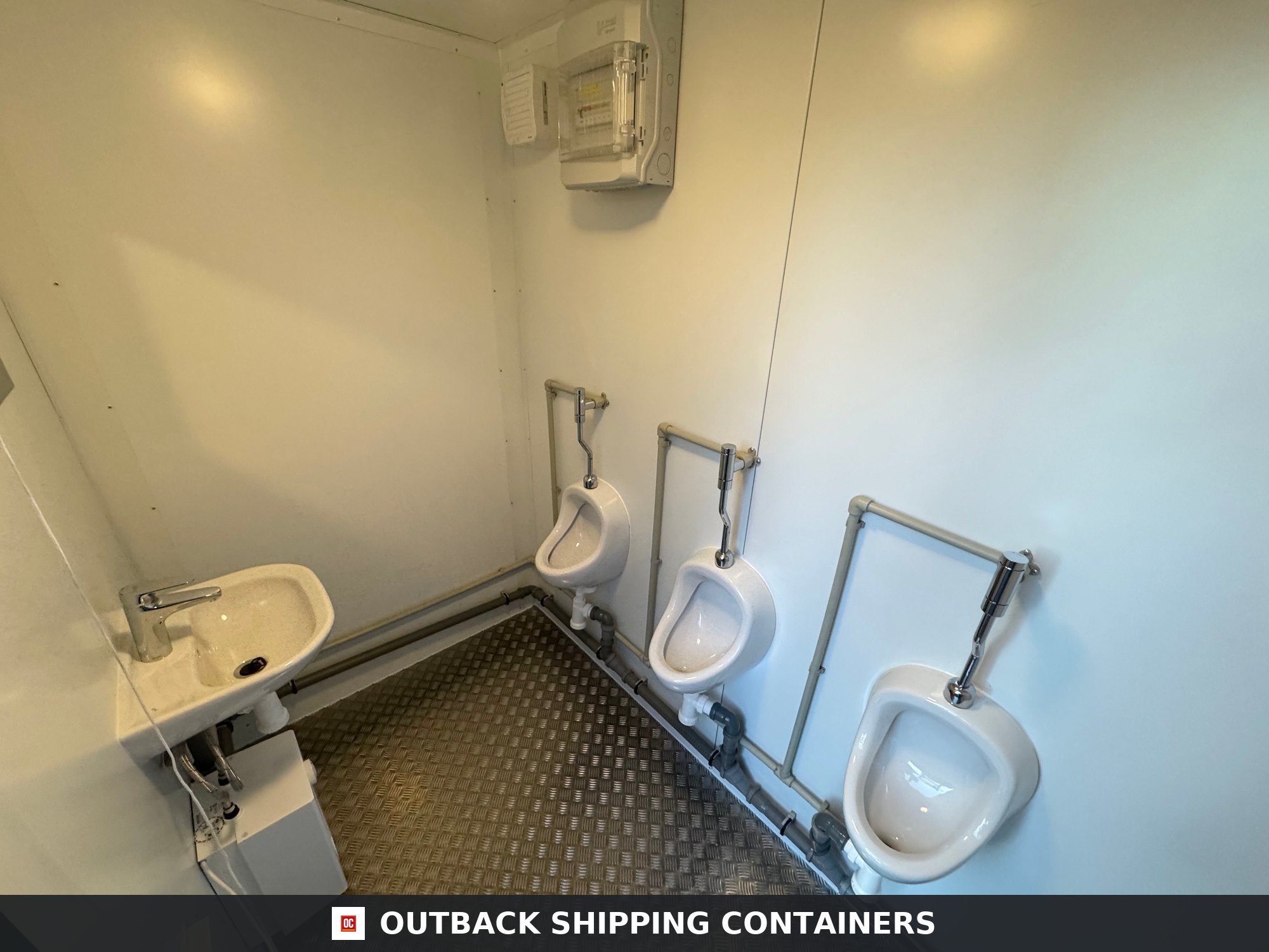 Triple Urinal Unit for Sale — Door and Entry Detail | Outback Shipping Containers Triple Urinal Unit — 8 x 5 ft NEW Portable Toilet Block — Green — No 793 — product gallery image 6 of 15