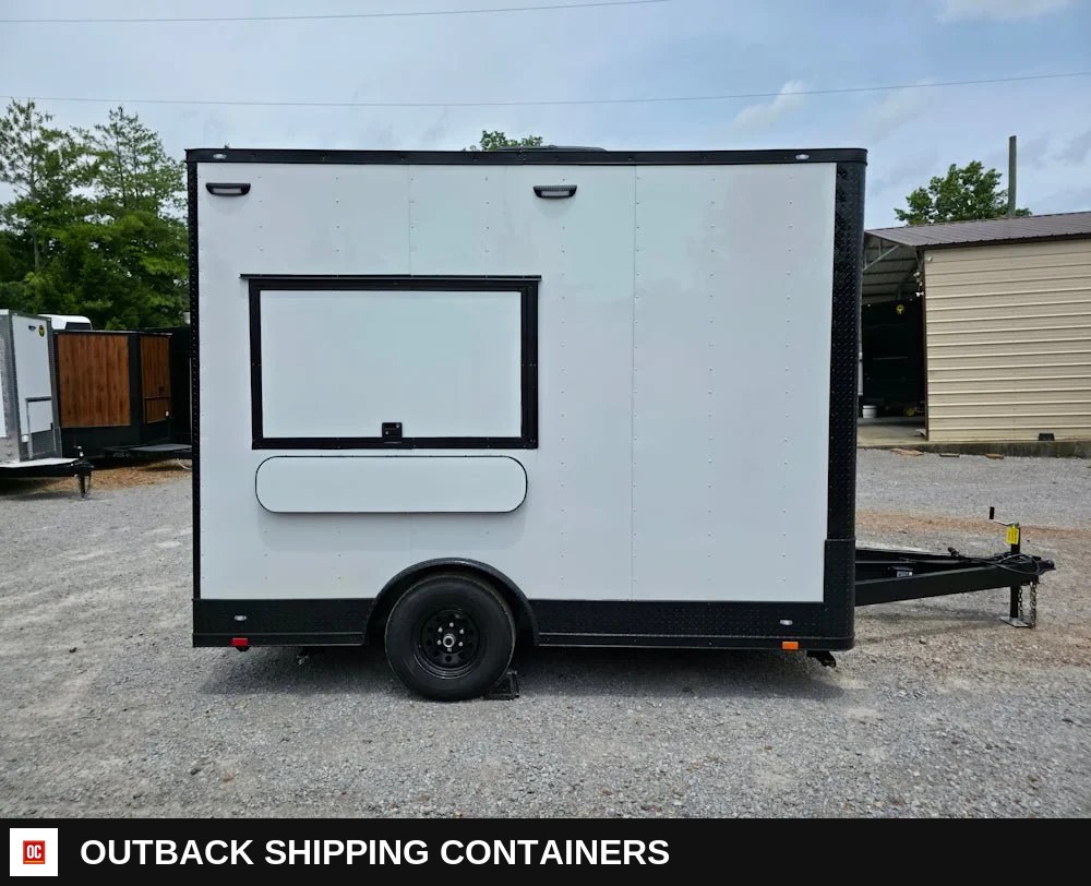 8.5 x 12 White Flat Front Concession Trailer — Blackout Trim, 8-Foot Interior — Rear Entry Door | Outback Shipping Containers 8.5 x 12 White Flat Front Concession Trailer — Blackout Trim, 8-Foot Interior for sale — rear entry door