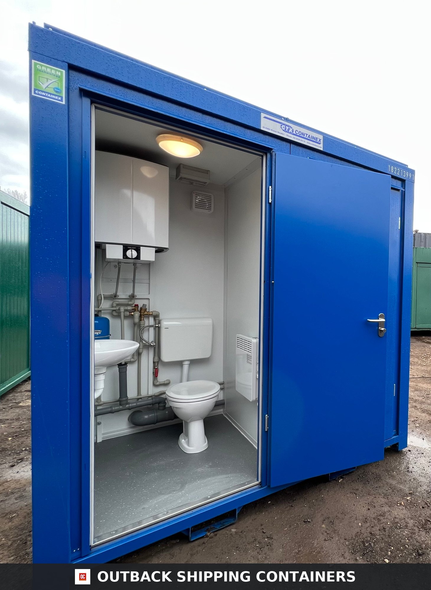 Shower Block with Toilet Block for Sale — Side Profile View | Outback Shipping Containers Shower Block with Toilet Block — 8 x 5 ft Brand New Portable Containex — Blue — No 855 — primary exterior image 1 of 8