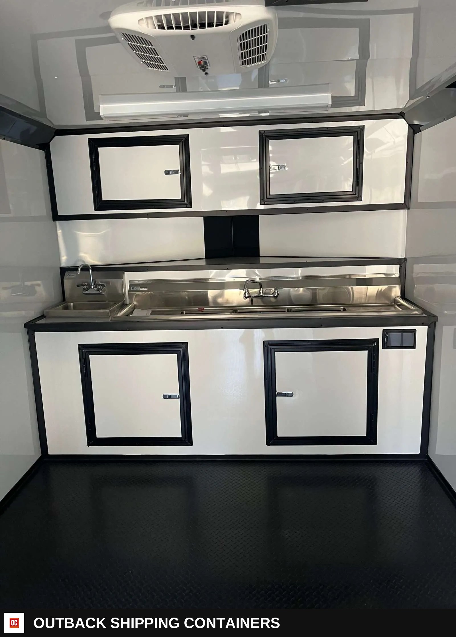 8.5x20 Hook and Line Cargo Fully Equipped Enclosed Concession Trailer — Interior Kitchen Layout | Outback Shipping Containers 8.5x20 Hook and Line Cargo Fully Equipped Enclosed Concession Trailer for sale — interior kitchen layout
