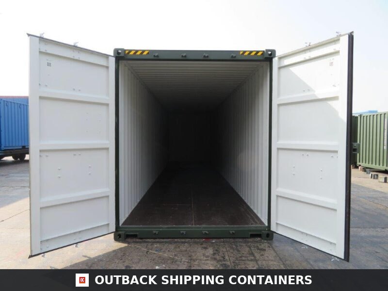 40 Ft New Shipping Containers Ready To Ship 40ft — Interior View | Outback Shipping Containers Interior view of an empty 40ft new shipping container with open doors showing floor and corrugated walls