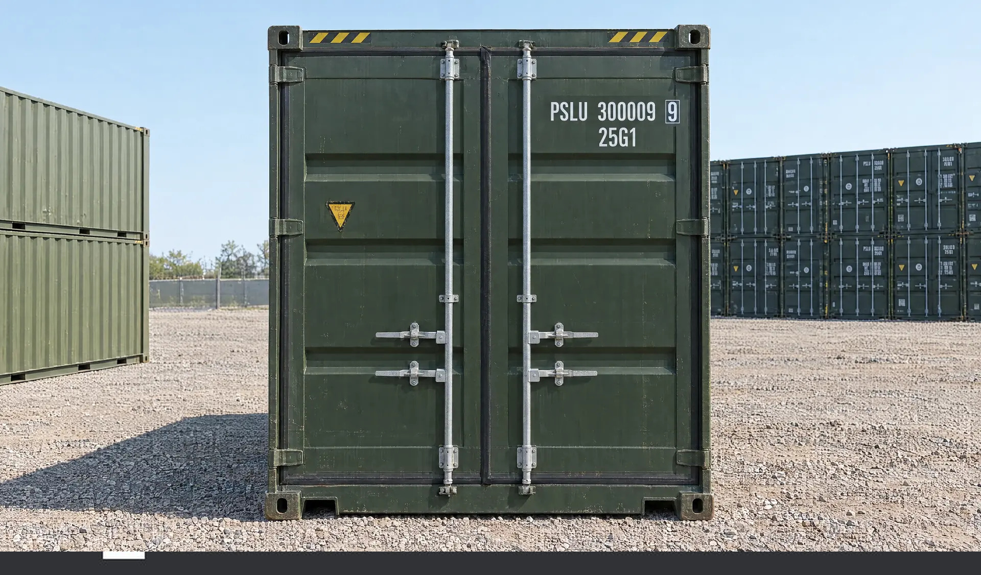 Olive green 20ft high cube one trip shipping container front doors closed with cargo markings in a container depot