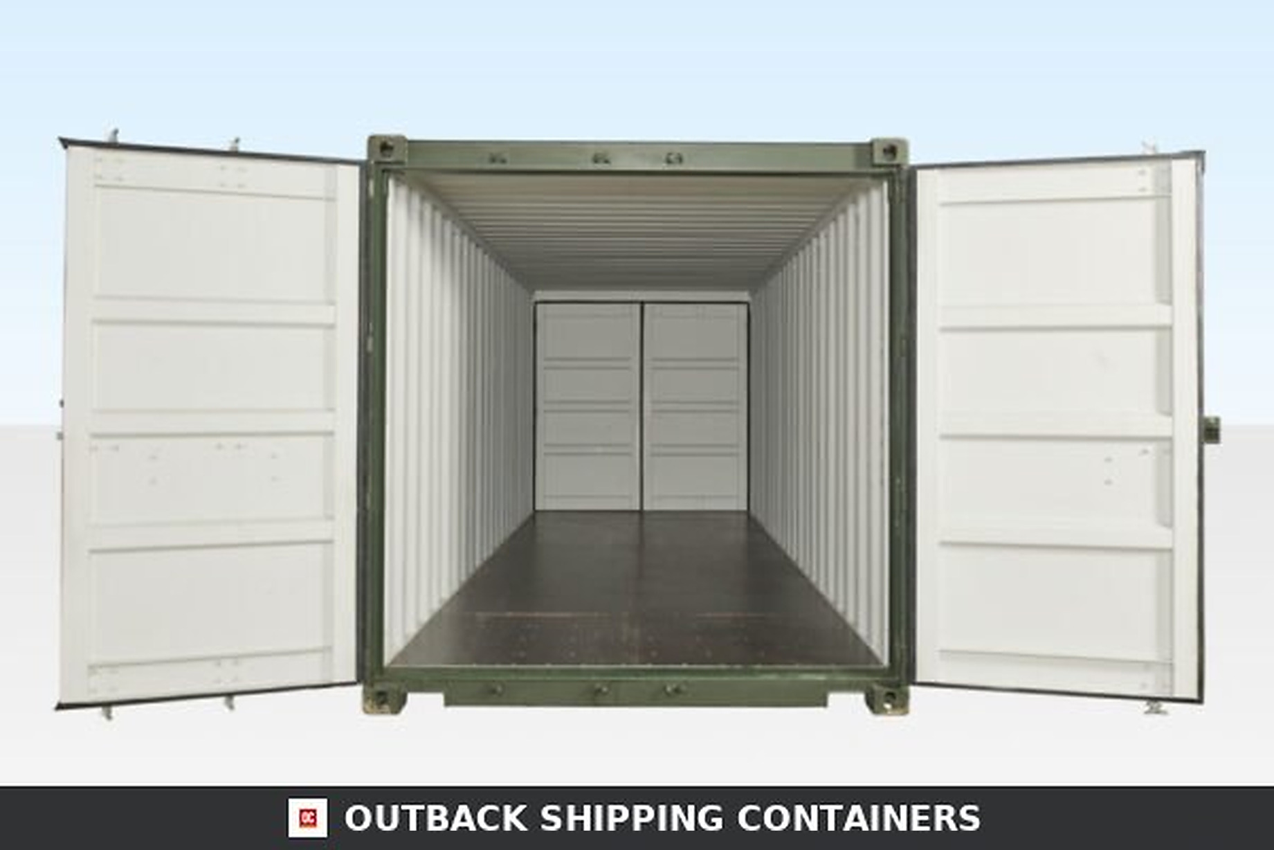 20Ft X 8Ft Tunnel Container (Double End Door) One Trip for Sale — Three-Quarter Angle View 20ft tunnel container with open double doors showing white interior walls, wood flooring, and closed rear cargo doors