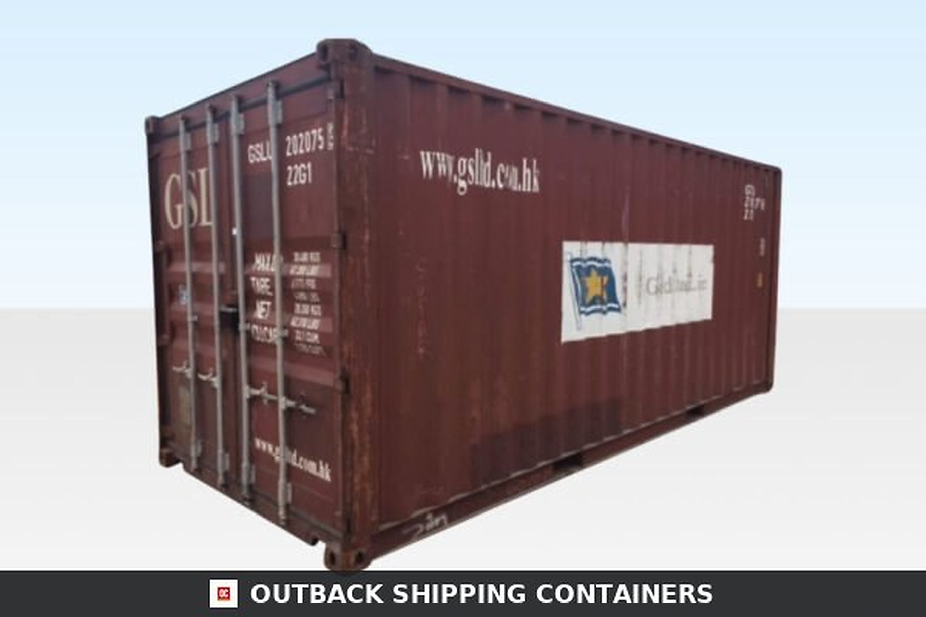 20Ft X 8Ft Used Cargo-Worthy Dry Van — Rear Exterior View | Outback Shipping Containers Refurbished 20ft shipping container in red brown with closed double doors on a white background