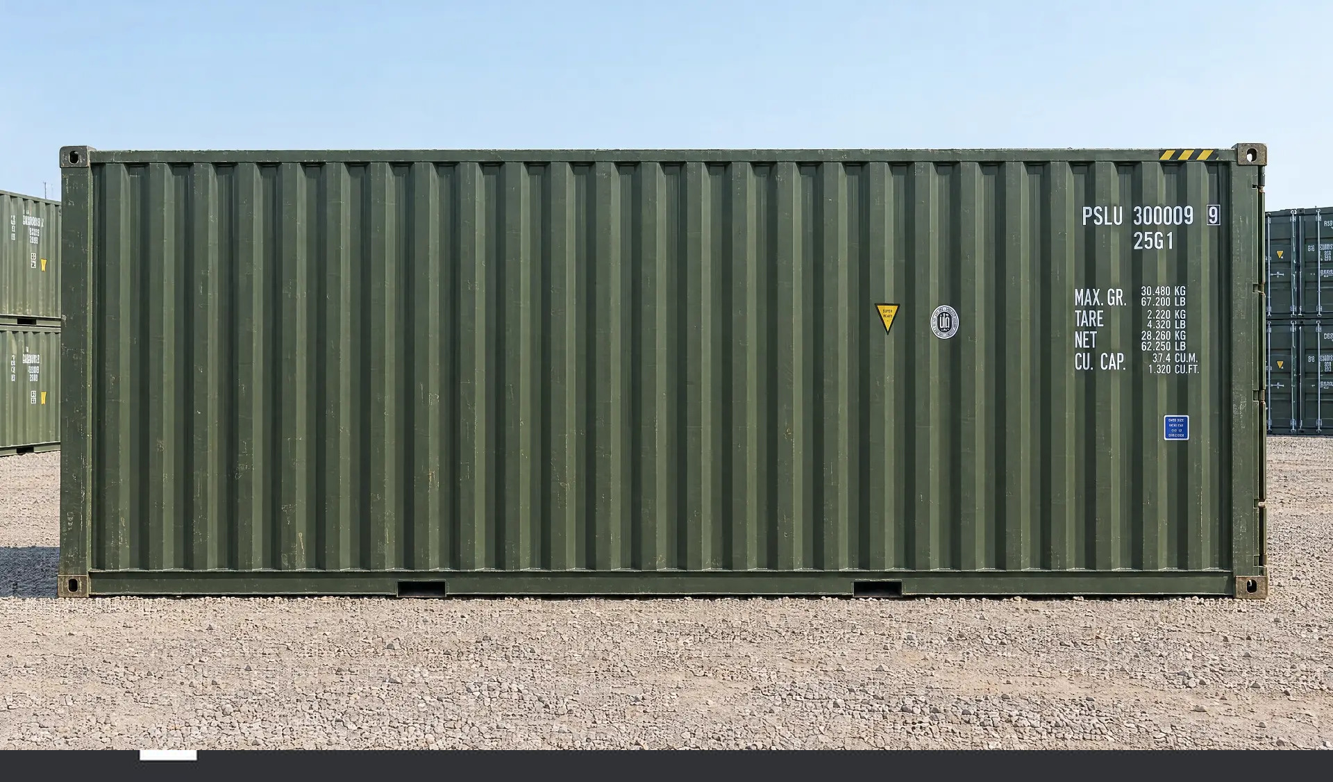 Olive green 20ft high cube one trip shipping container full side profile showing corrugated steel panels and CSC plate