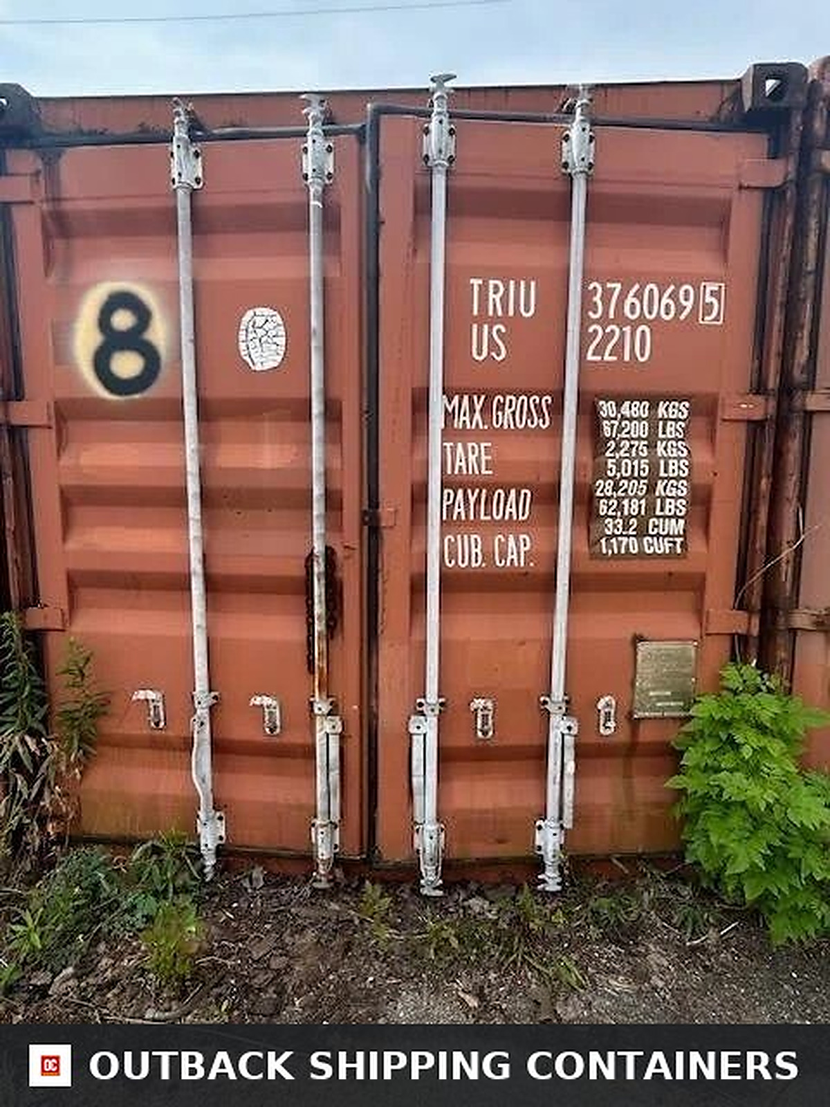 Used 20ft shipping container cargo doors showing locking bars and weight specifications