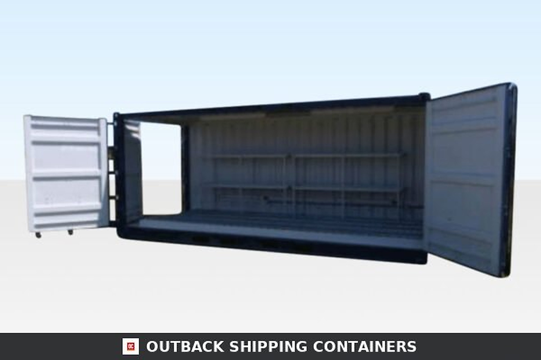 20Ft X 8Ft Open Side Bunded Open Mesh Floor Store for Sale — Rear Exterior View 20 foot open side shipping container with internal shelving and mesh flooring