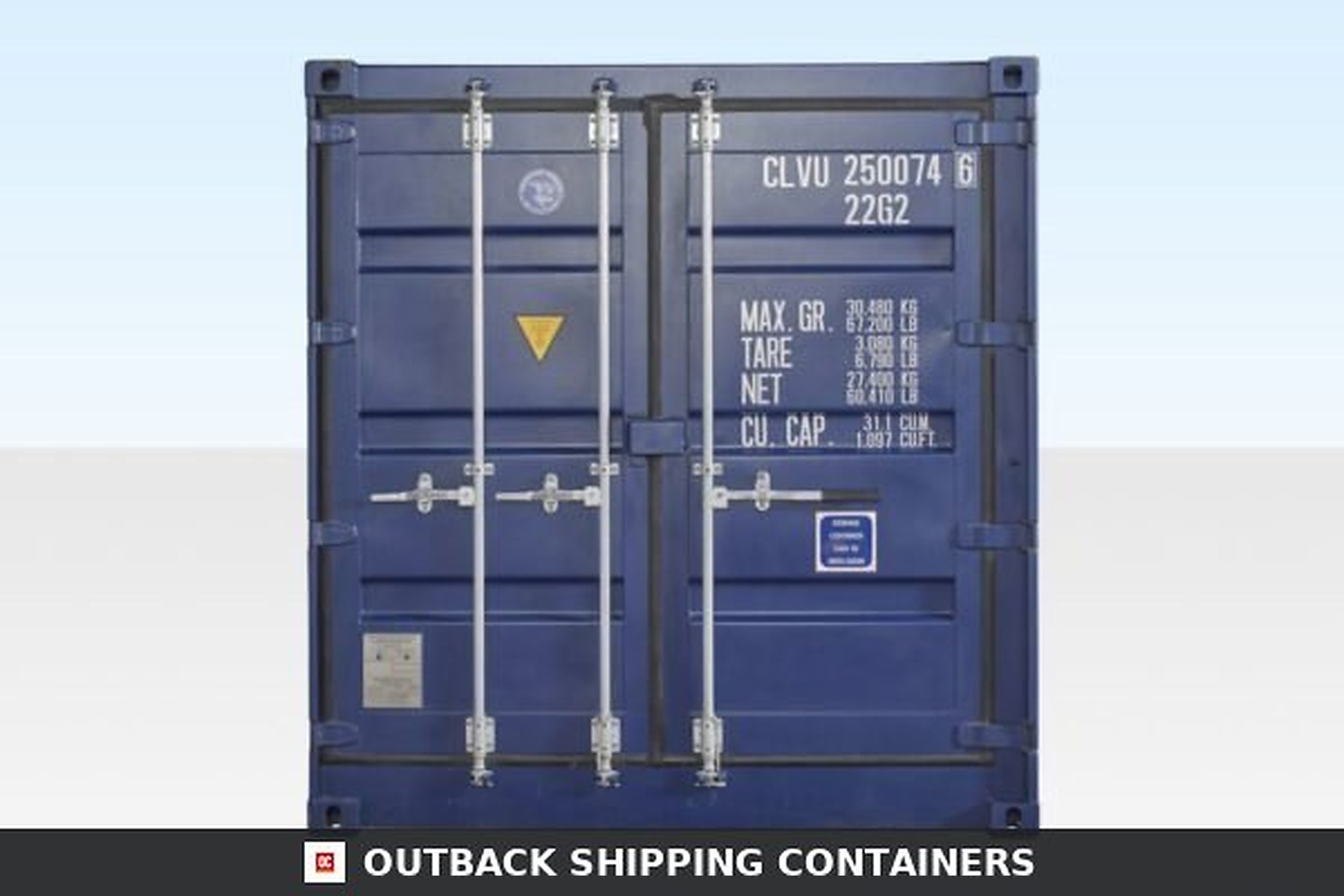 Rear view of a new blue 20ft open side shipping container showing closed cargo doors and locking bars