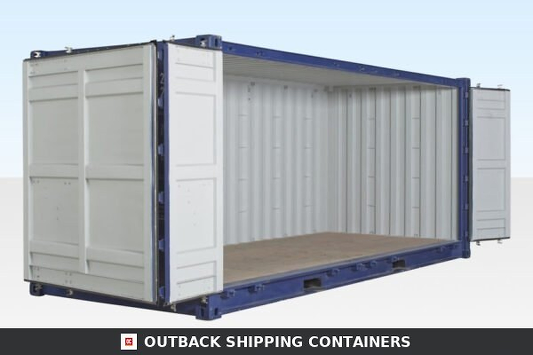 20ft open side container with bi-fold side doors fully open showing wooden floor and white interior corrugated walls