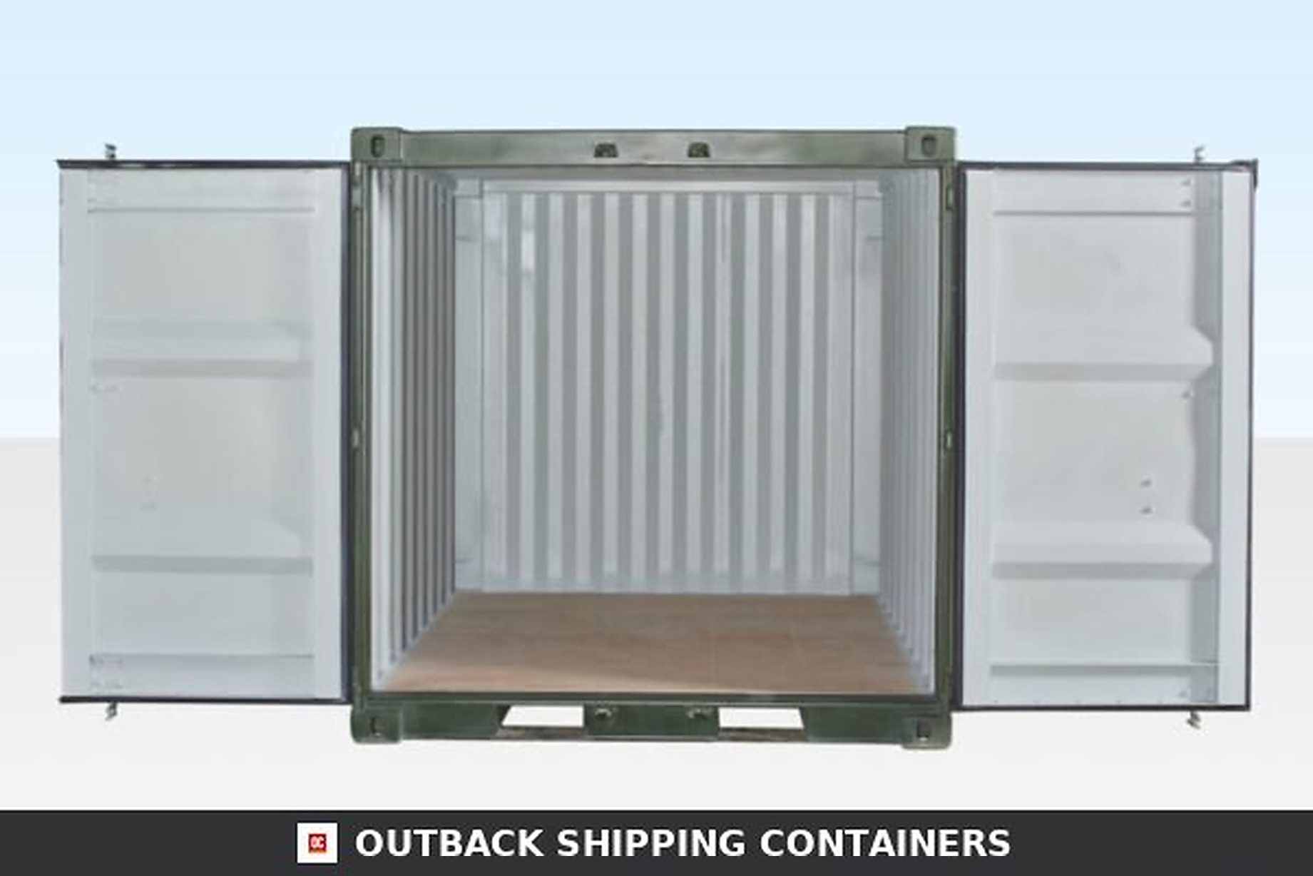 8ft shipping container interior with open double doors showing clean vertical corrugated steel walls and plywood floor