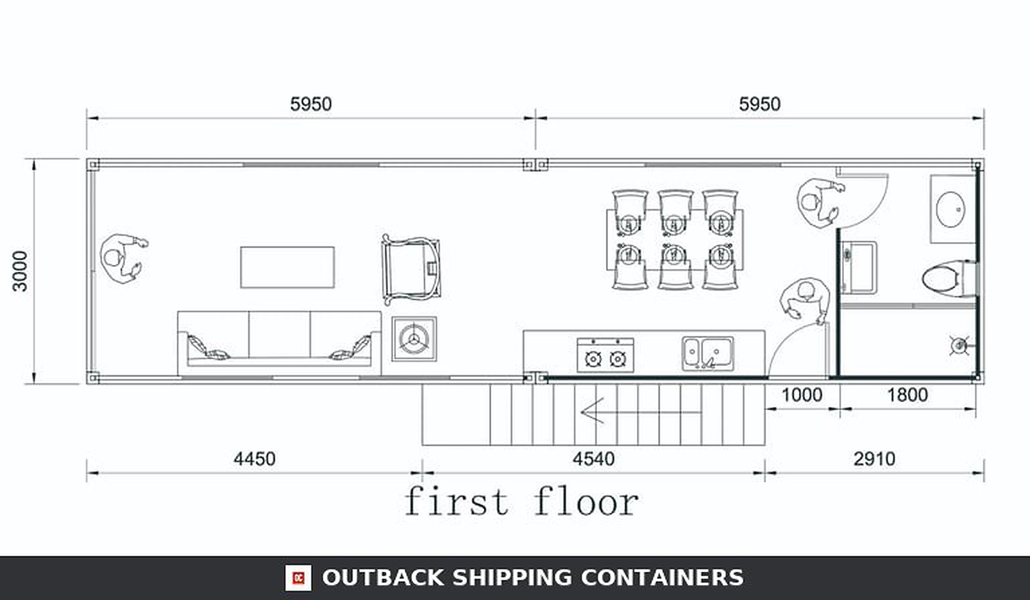 1BHK Duplex Container Home 40ft for Sale — Living Room Interior | Outback Shipping Containers Furnished living room inside the container home with L-shaped sectional sofa and glass coffee table