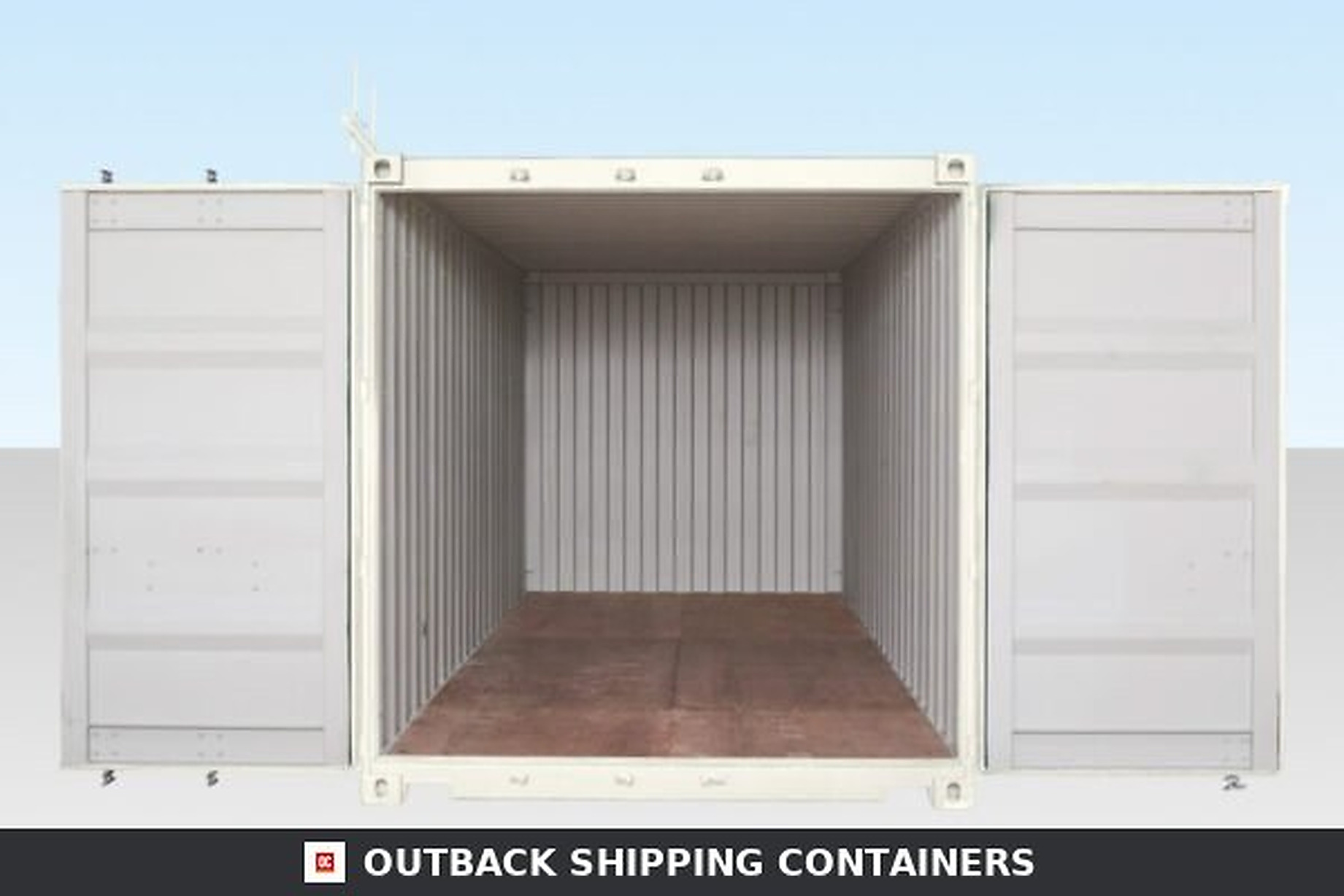 Interior view of an open 20ft one-trip shipping container showing empty space and marine-grade plywood flooring