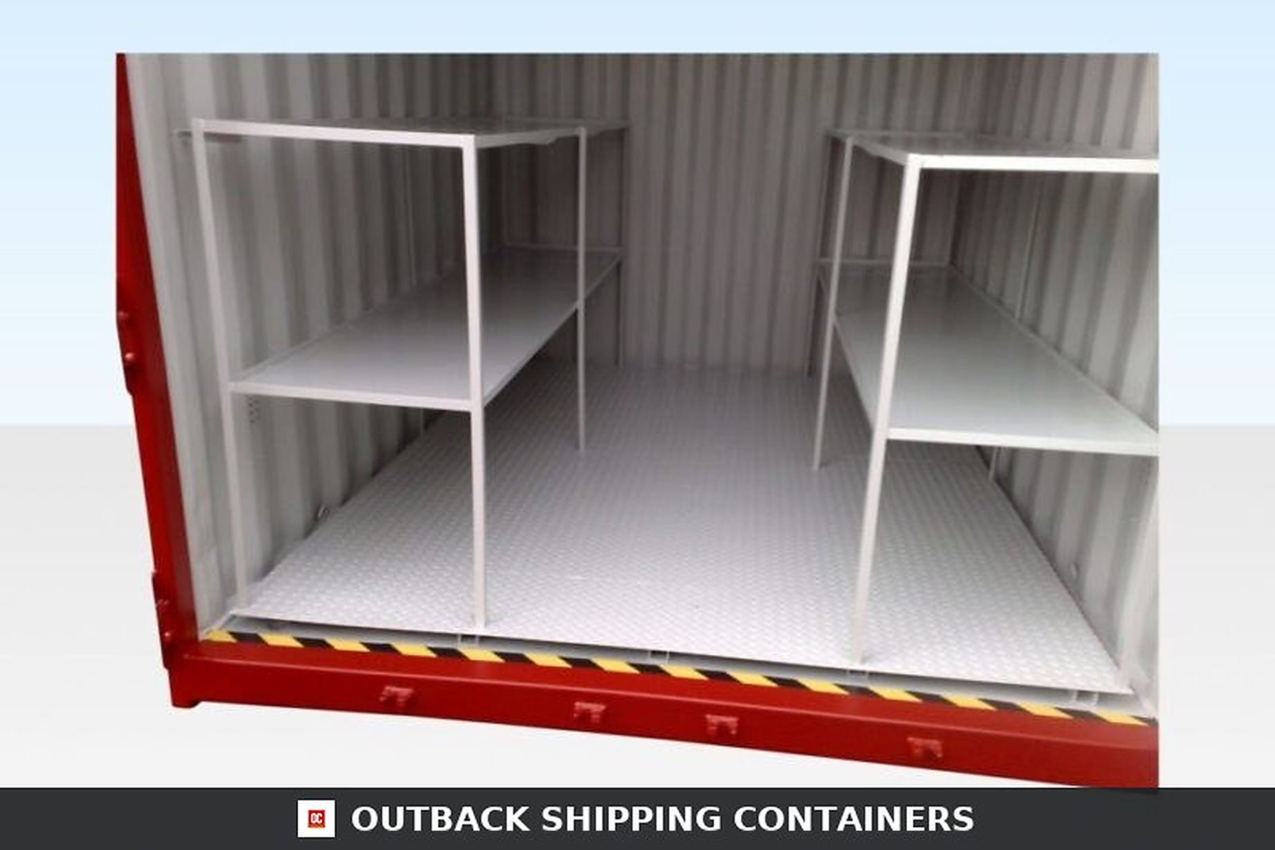 Interior view of a 10ft bunded storage container with white steel shelving and a flat anti-slip diamond plate floor
