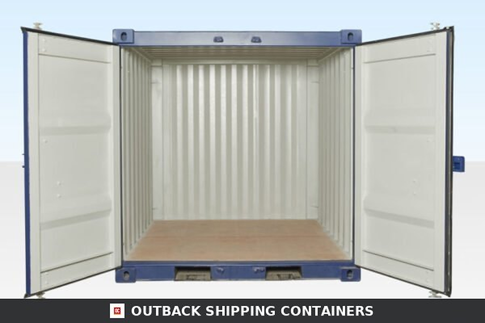 8ft shipping container interior showing open doors marine grade plywood floor and corrugated steel walls
