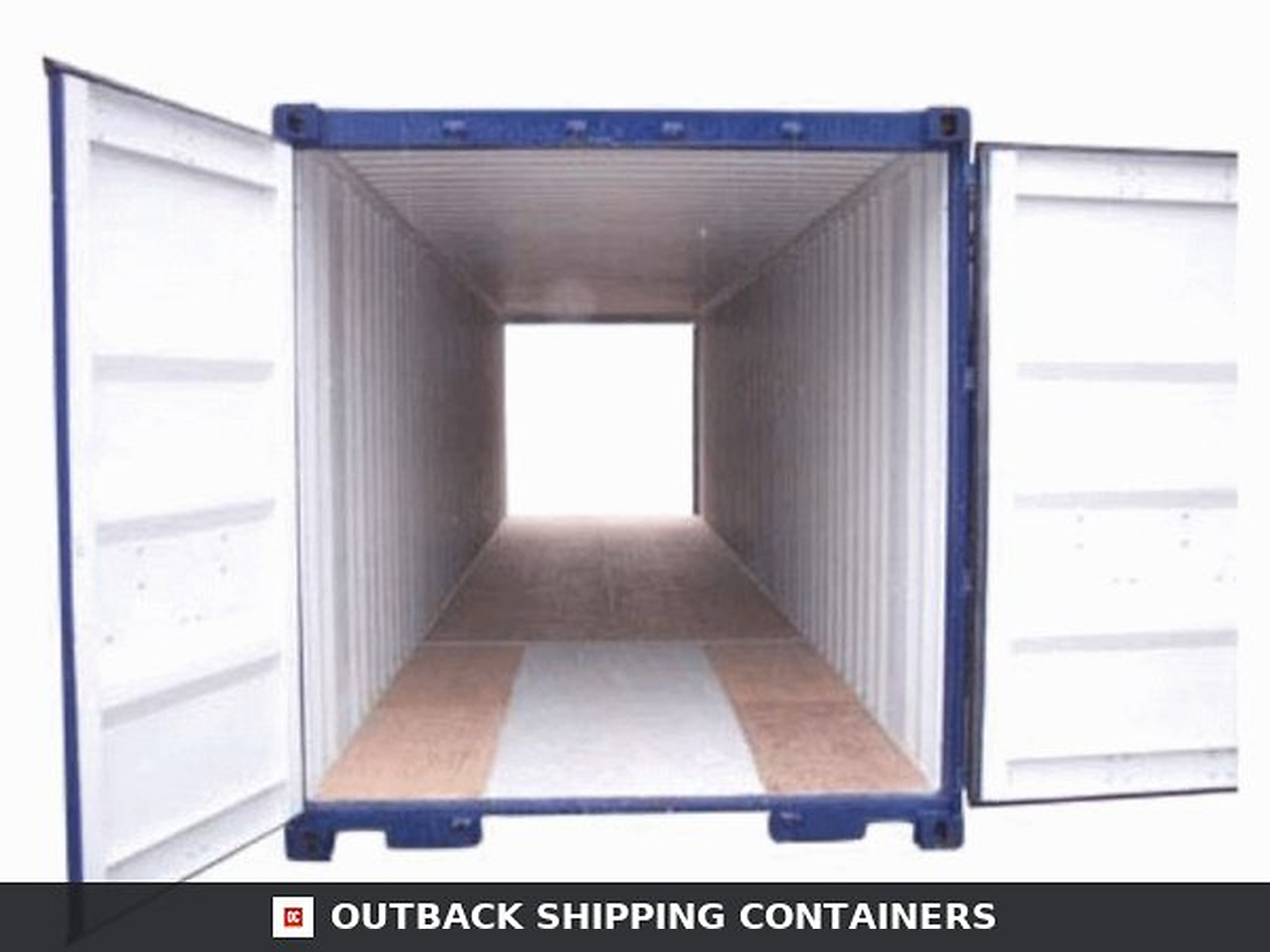 Interior view of a 40ft high cube shipping container with open doors and clean plywood flooring